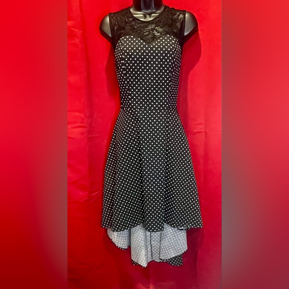Kingfancy 50’s Hi-Lo Cocktail Dress in Black with White Polka-Dots